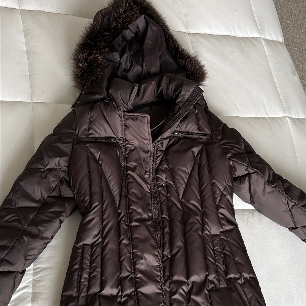 Marc New York Dark Brown Puffer Coat with Faux Fur Hood
